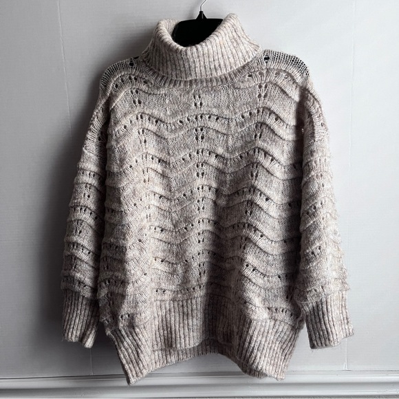 FRNCH Beige Pointelle Knit Turtleneck Sweater Oversized Women Small Medium - Picture 2 of 6